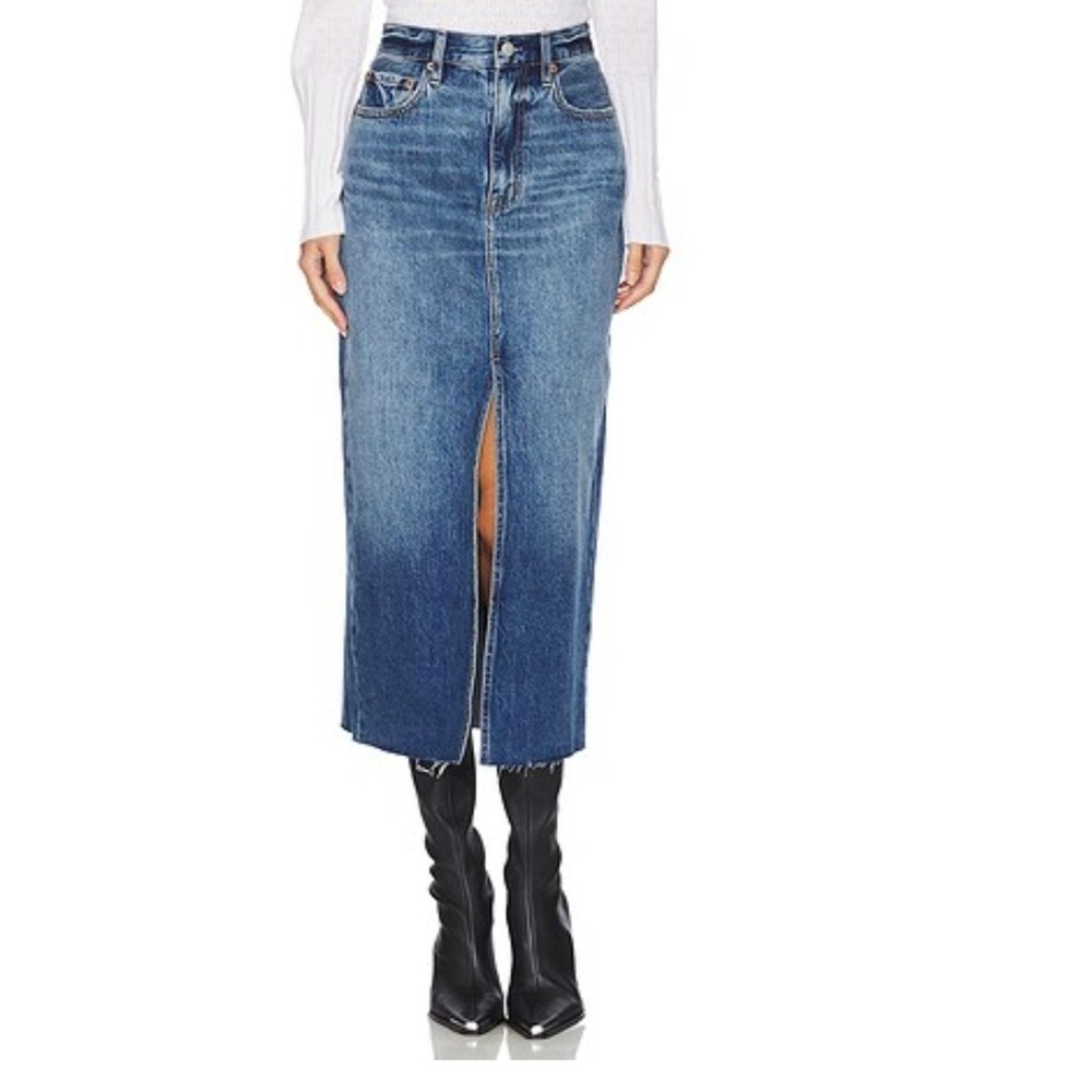 PISTOLA Alice Midi Skirt Size 32 Maui Wash Front Slit Raw Hem Denim Skirt